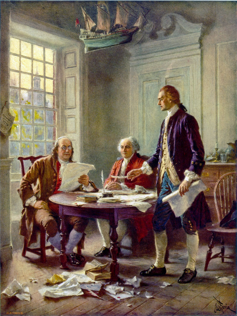 U.S. Founding Fathers Benjamin Franklin, John Adams, and Thomas Jefferson painting showing the famous meeting where they discussed and nuanced the Declaration of Independence