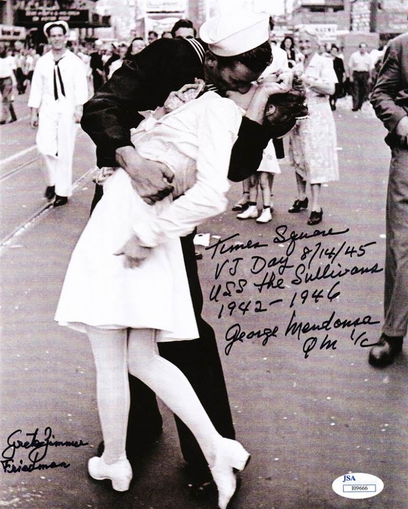 An autographed copy of the iconic photo of Greta Zimmer Friedman getting kissed in Times Square.