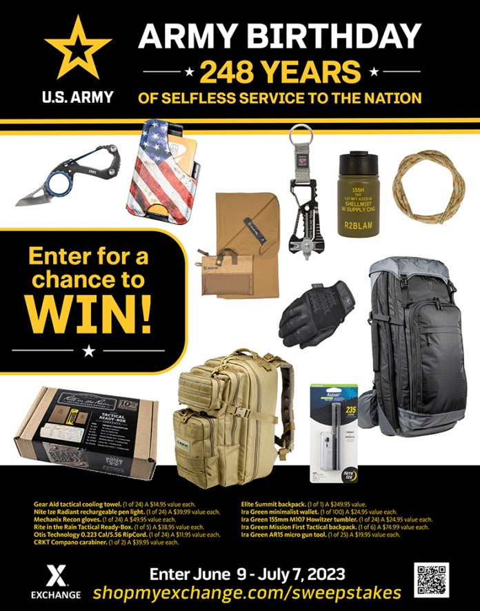 The Army & Air Force Exchange Service is celebrating the U.S. Army’s 248th birthday by giving away more than $7,000 in tactical gear prizes to military shoppers.