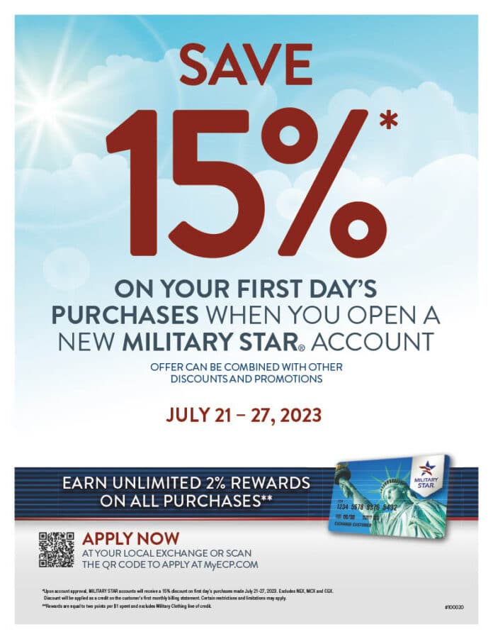 New MILITARY STAR cardmembers can save even more this summer with 15% off first-day purchases from July 21 through July 27.