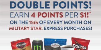 On the 15th of each month, military shoppers who use their MILITARY STAR card at any Army & Air Force Exchange Service Express receive four points per $1 spent instead of the usual two points.