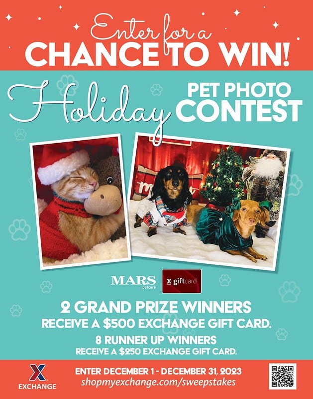 Military shoppers can show off Santa’s little yelpers and enter for a chance to win a prize in the Army & Air Force Exchange Service’s holiday pet photo contest.
